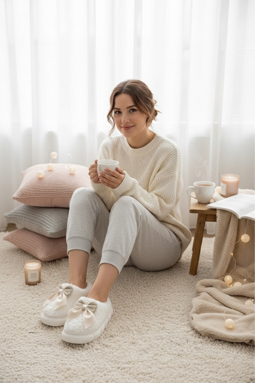 Chaussons femme blanc fourrés — doux et élégants pour la maison