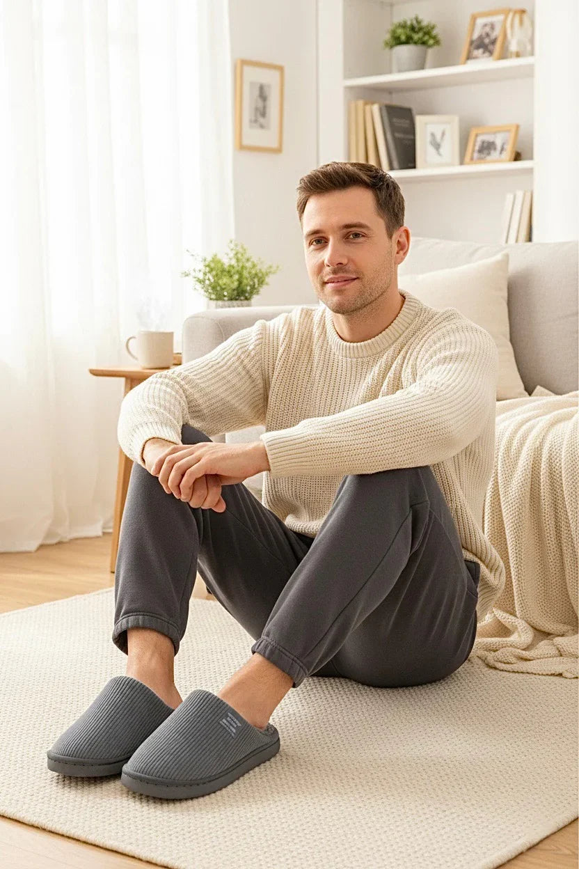 Chaussons homme gris fourrés – doux, chauds et confortables