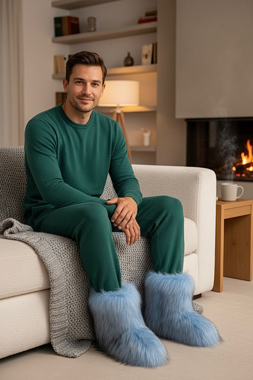 Chaussons bottes homme bleues polaire – ultra chaudes, douces et confortables