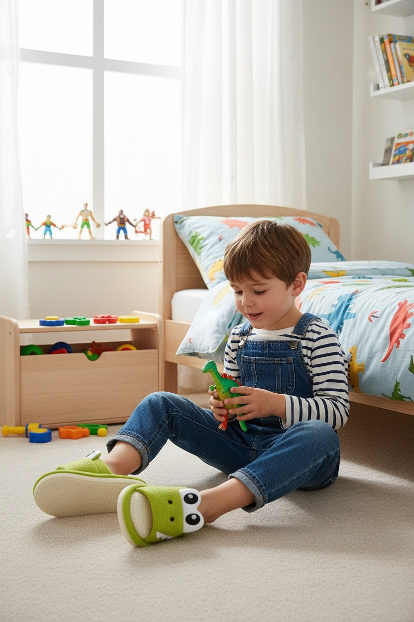 Chaussons enfant verts motif crocodile – doux, confortables et antidérapants