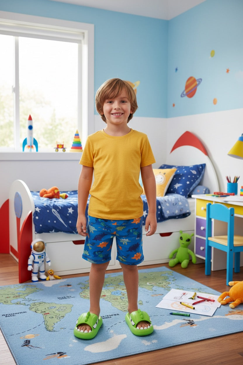 Chaussons garçon verts motif dinosaure – confortables et ludiques
