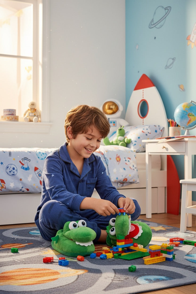 Chaussons enfant verts fourrés – doux, chauds et antidérapants