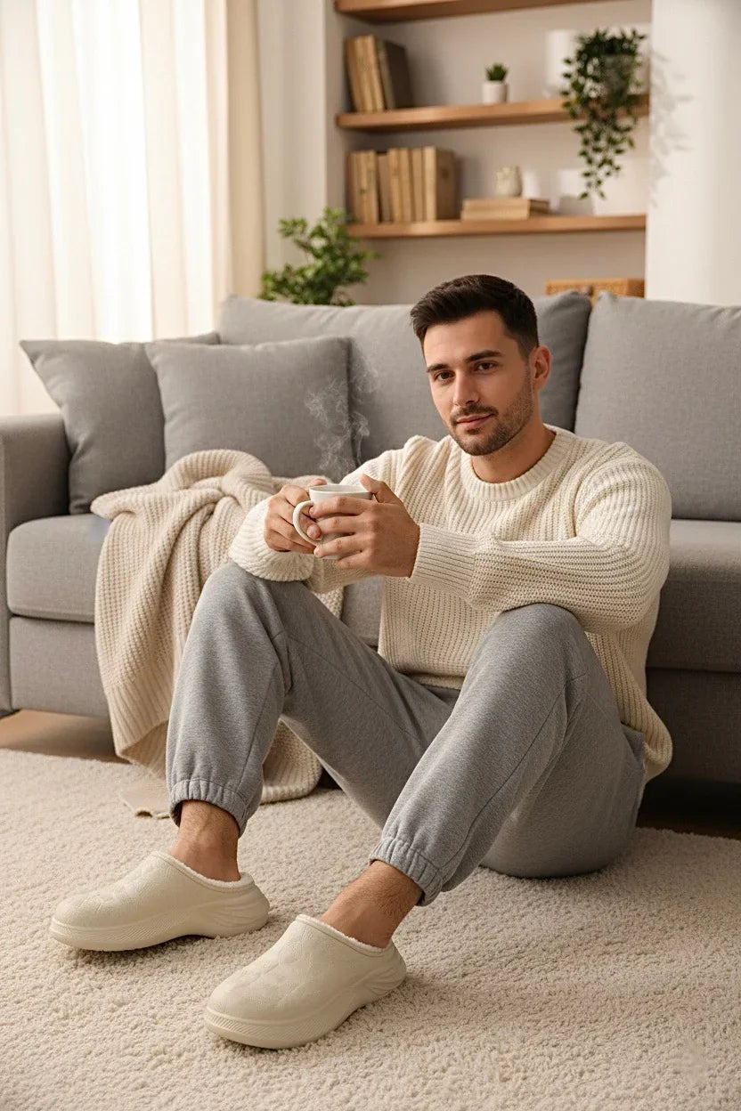 Chaussons homme blancs fourrés – doux, chauds et confortables