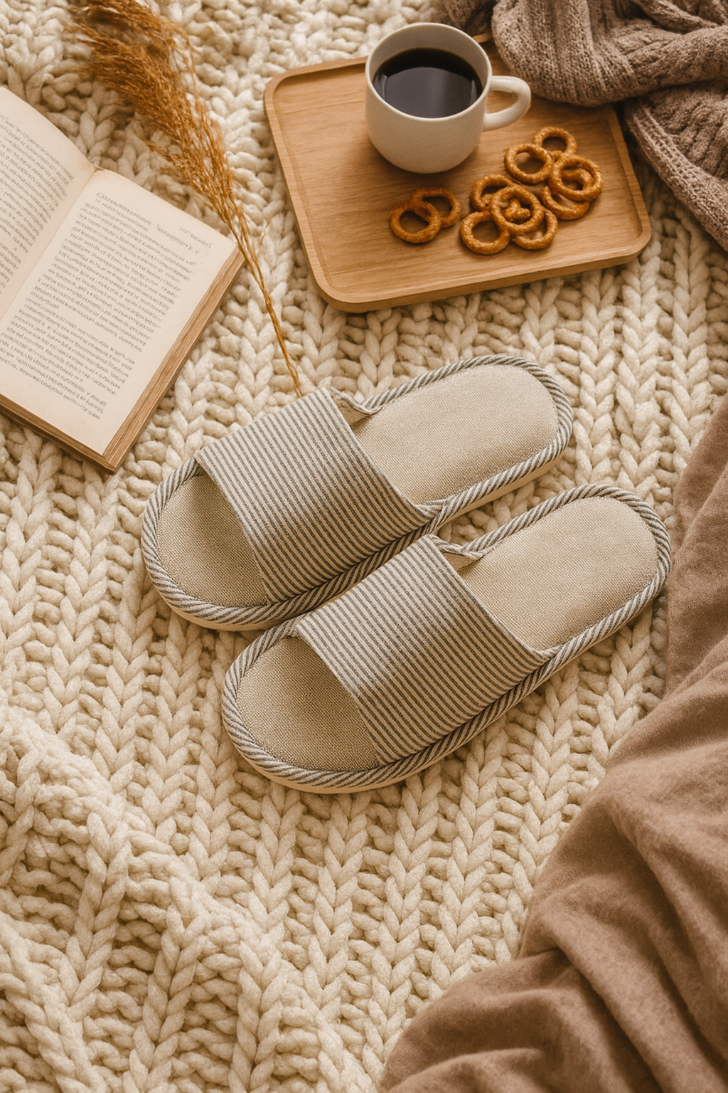 Chaussons homme blancs rayures fines grises – doux et confortables