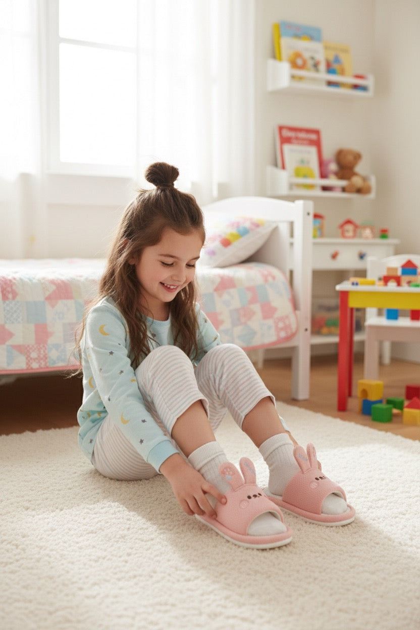 Chaussons enfant roses motif lapin – doux, confortables et mignons