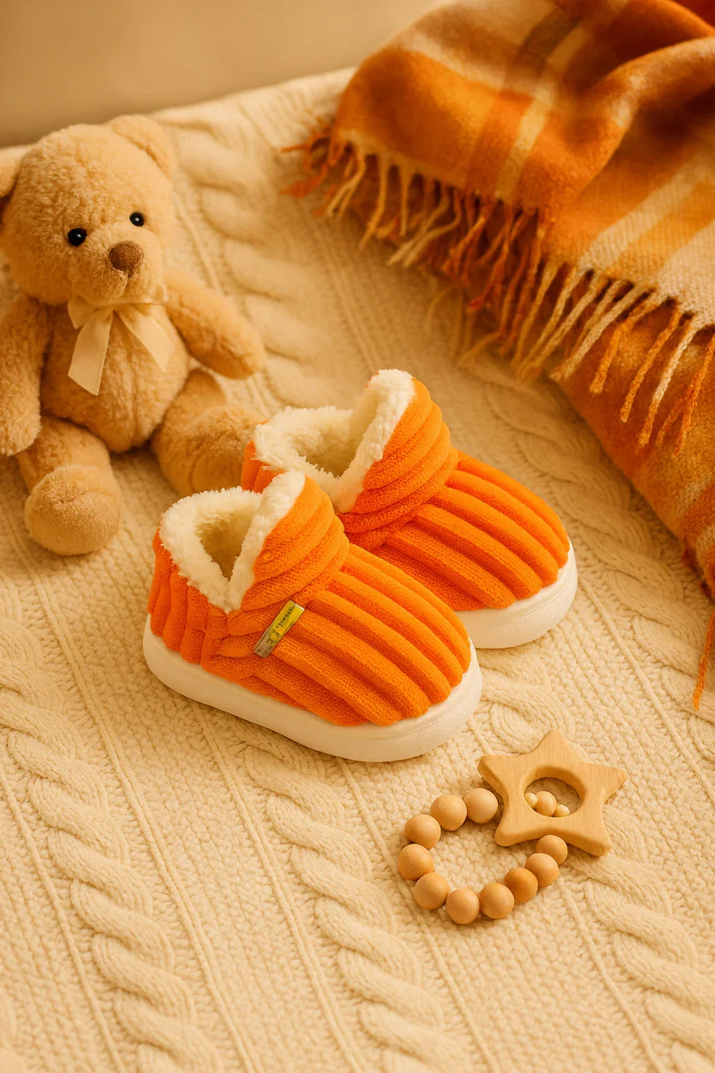 Chaussons bébé orange velours – doux, chauds et antidérapants