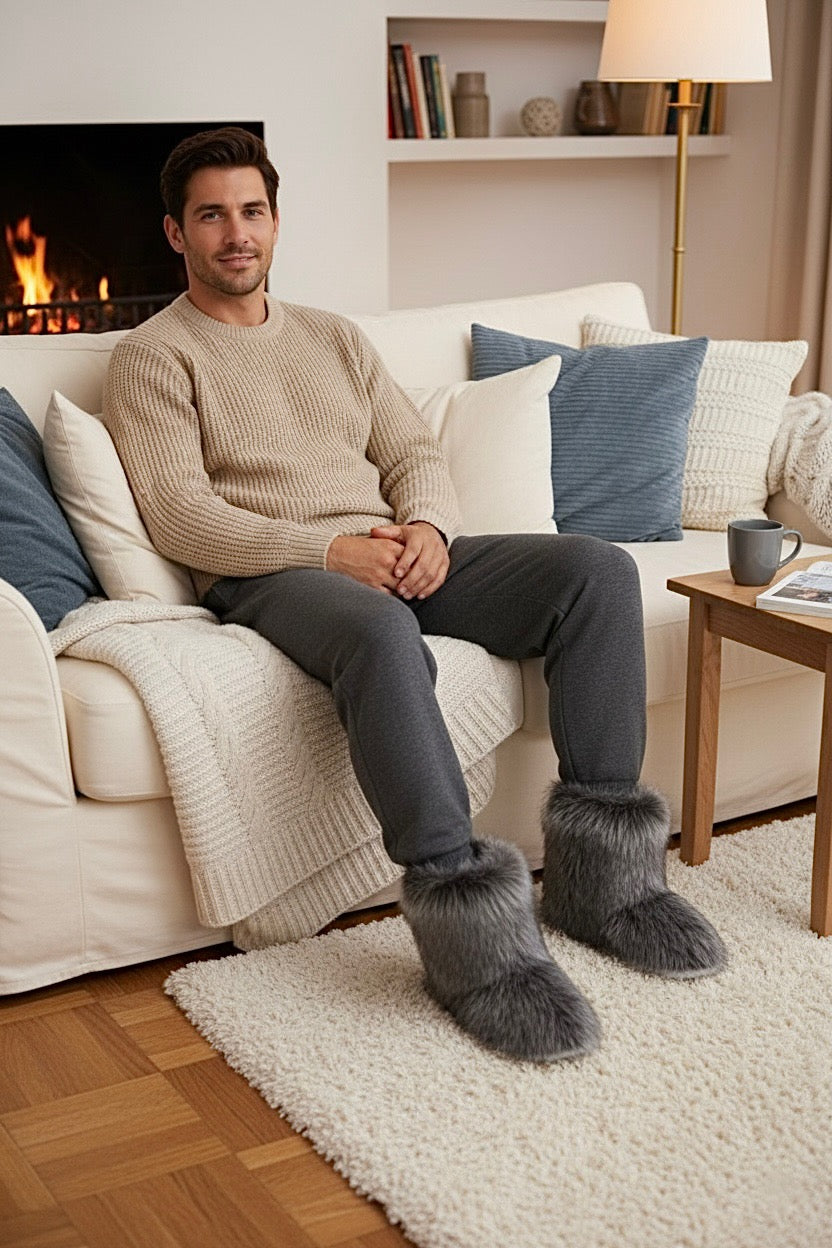 Chaussons bottes homme grises – fourrées, chaudes et semelle épaisse