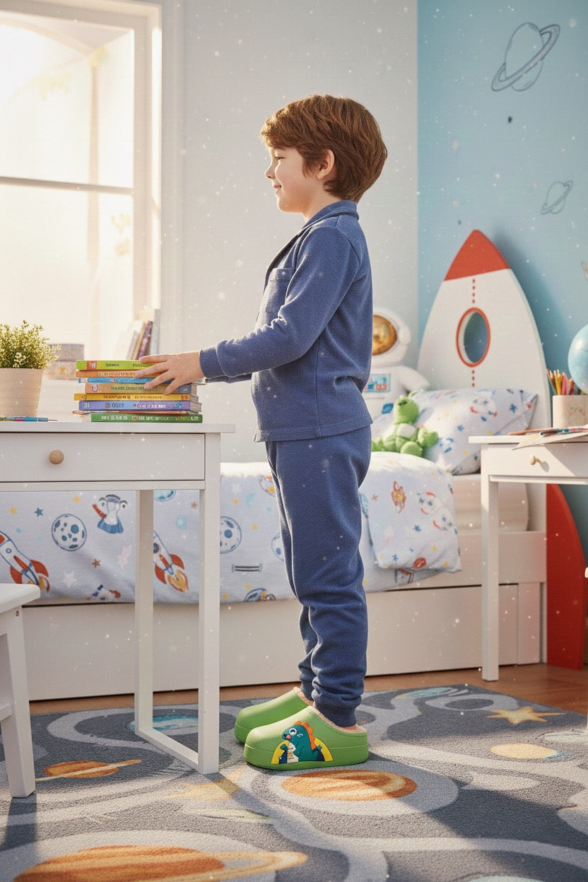 Chaussons enfant verts fourrés – doux, chauds et antidérapants