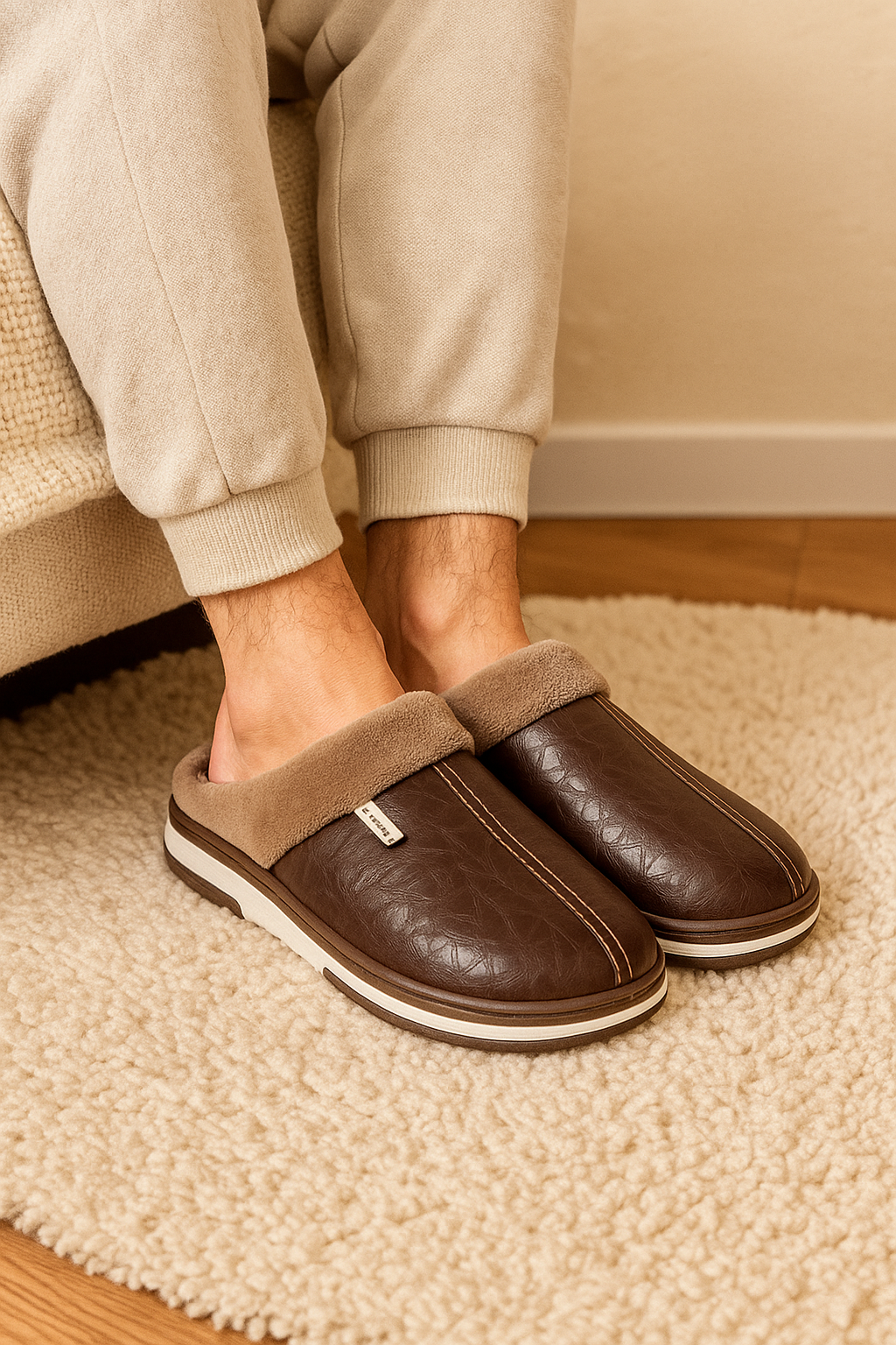 Chaussons homme cuir marron fourrés – doux, chauds et confortables
