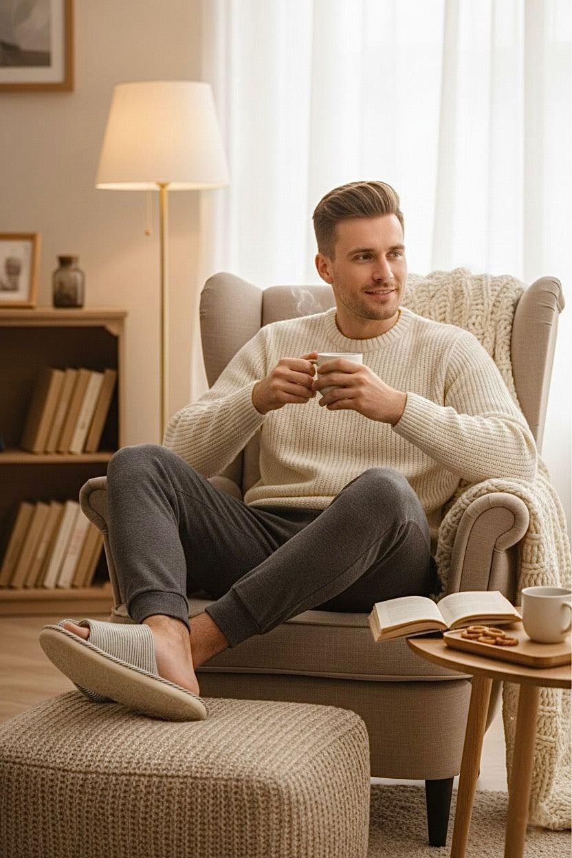 Chaussons homme blancs rayures fines grises – doux et confortables