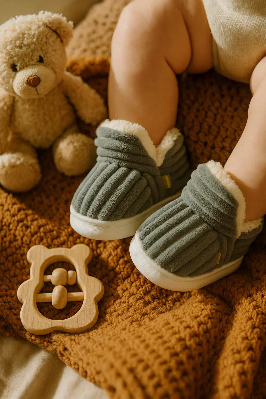 Chaussons bébé gris fourrés – doux, chauds et semelle souple