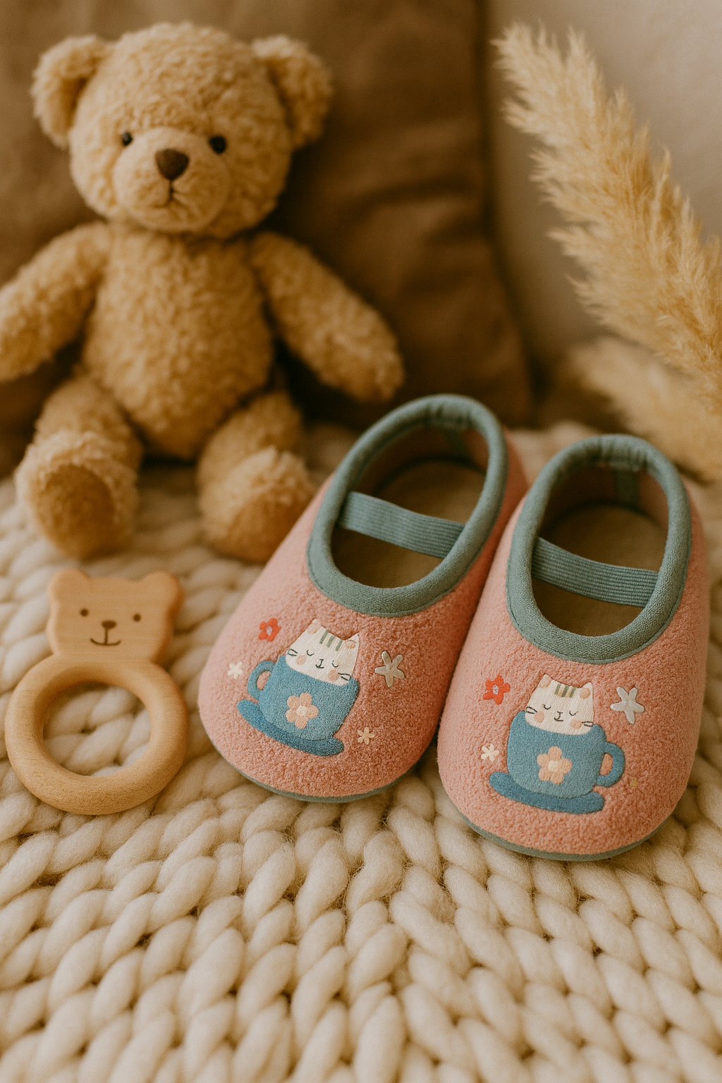 Chaussons bébé roses premiers pas – souples, légers et antidérapants