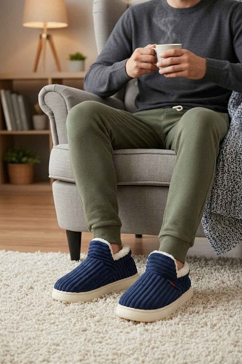 Pantoufles bottines homme bleu velours – douces, chaudes et confortables hiver