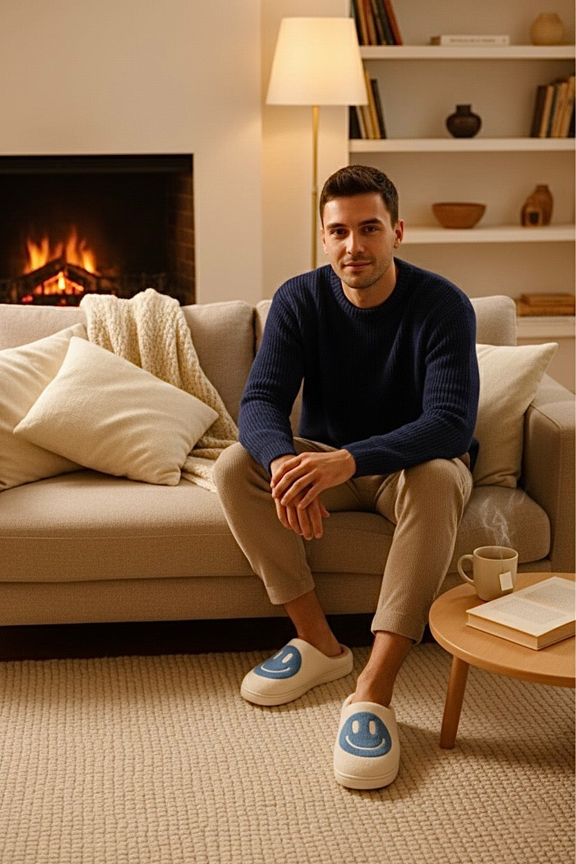 Pantoufles homme bleu et blanc – douces, chaudes et cocooning